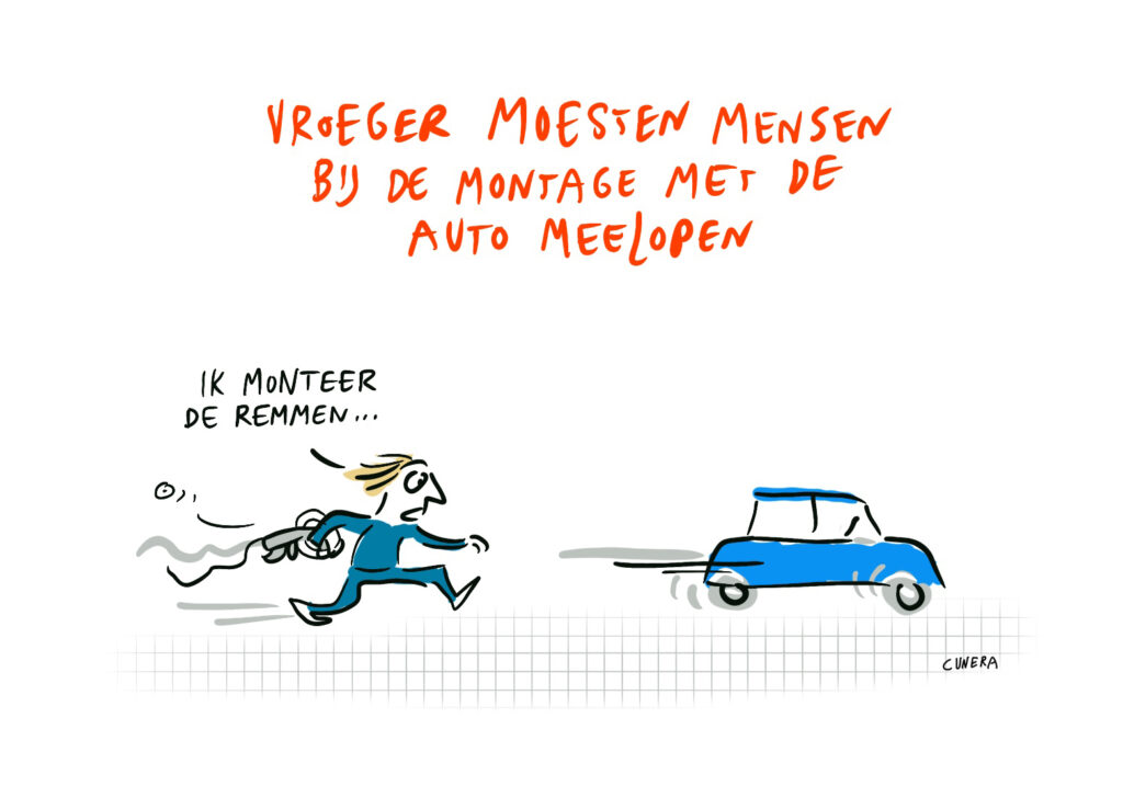 Cartoon: vroeger moesten VDL medewerker bij de montage met de auto meelopen